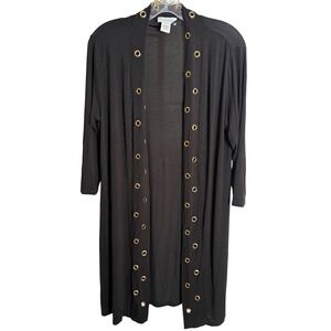Carmen Marc Valvo Duster Cardigan Womens‎ M Black Gold Grommet Open Front